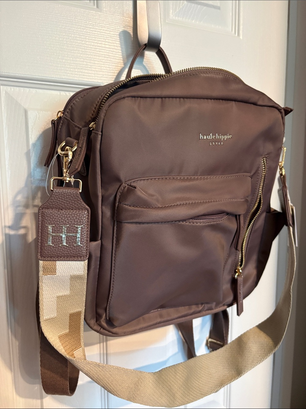 BNWT HAUTE HIPPIE Viral Brown Nylon Crossbody Backpack with Beige Strap - Picture 2 of 7